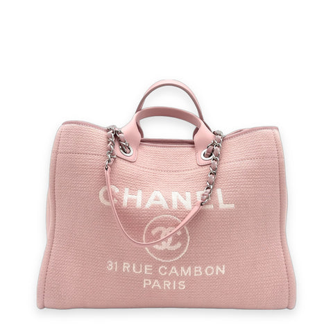 Chanel Shoulder Deauville Tote Bag Medium Canvas Leder Pink mit Pochette Hardware Silber