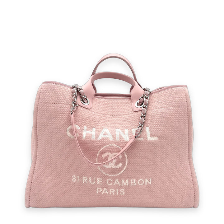 Chanel Shoulder Deauville Tote Bag Medium Canvas Leder Pink mit Pochette Hardware Silber