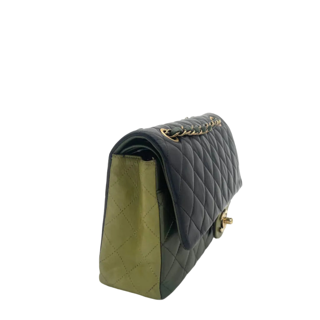 Chanel Timeless Double Flap 11.12 Tricolor Grün Braun Hardware Gold eloxiert