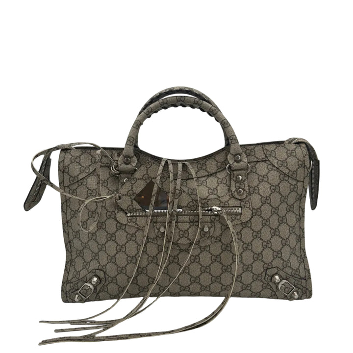 Balenciaga X Gucci City Tasche GG Monogram Beige Hardware Silber mit Schultergurt und Spiegel