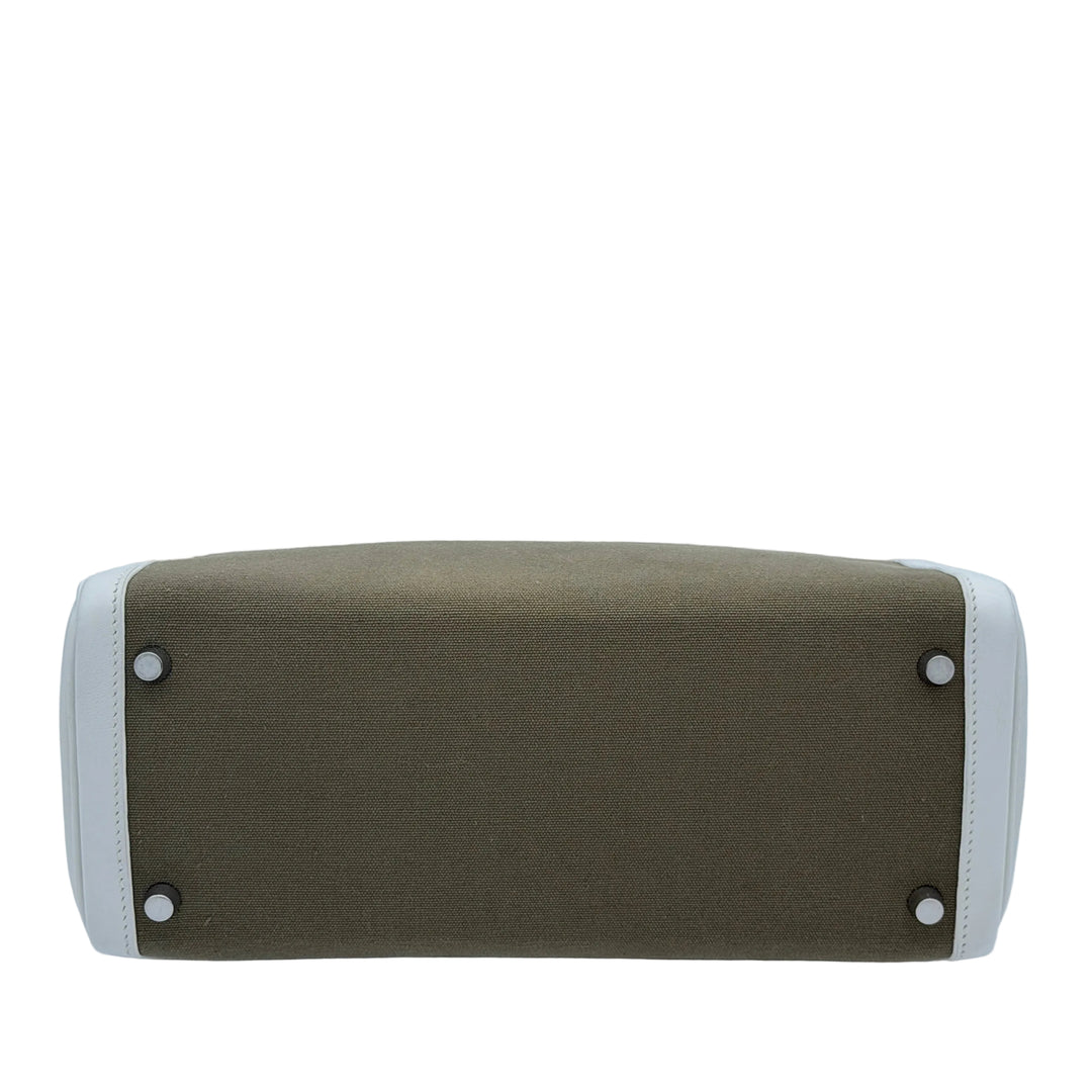 Hermes Kelly 28 Retourne Toile Gulliver Leder Weiß Canvas Vert Olive  Hardware Palladium