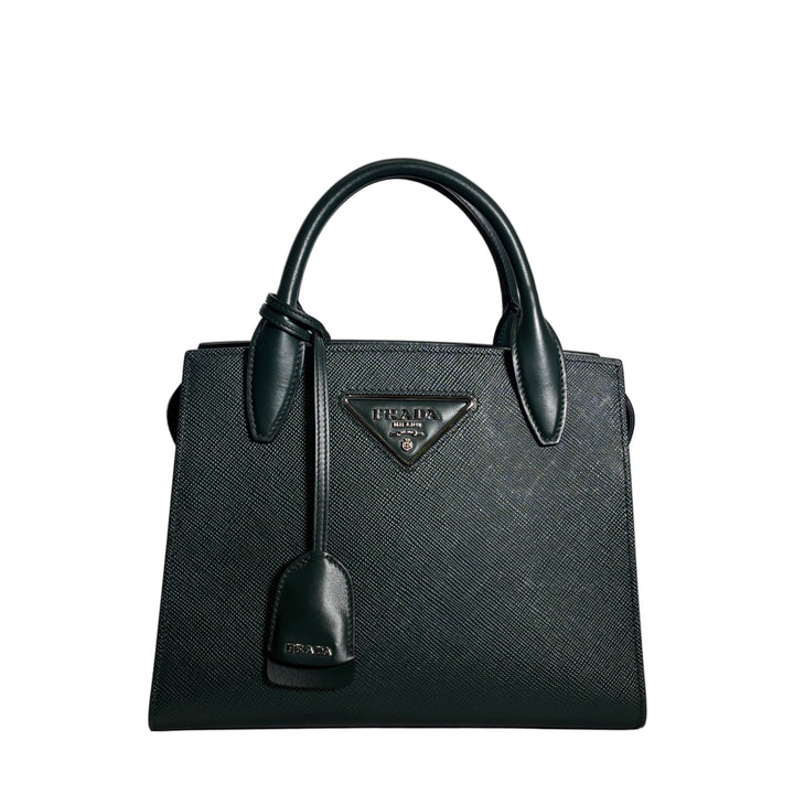 Prada Tasche 2way Saffiano Glattleder Dunkelgrün Logo Hardware Silber Schulterriemen