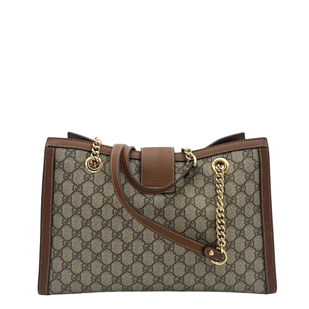 Gucci Tasche Padlock Medium Shoulder Bag Canvas Monogram Leder Cognac Schultergurt mit Goldkettendetail