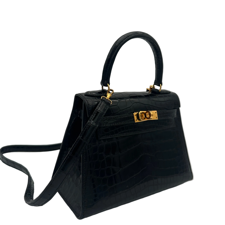 Hermes Kelly 20 Vintage Alligator Leder Schwarz Hardware Gold