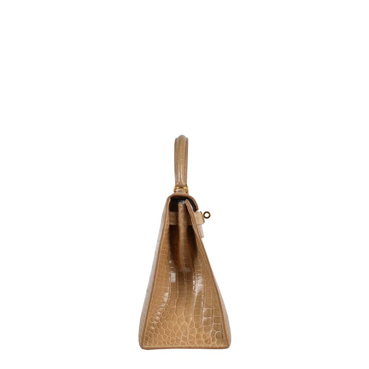 Hermes Kelly 28 Sellier Niloticus Leder Natural Sable Hardware Gold