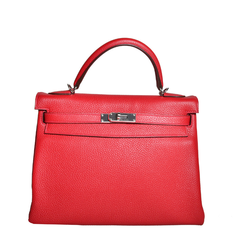 Hermes Kelly 32 Retourne Clemence Leder Rouge Casaque Hardware Palladium