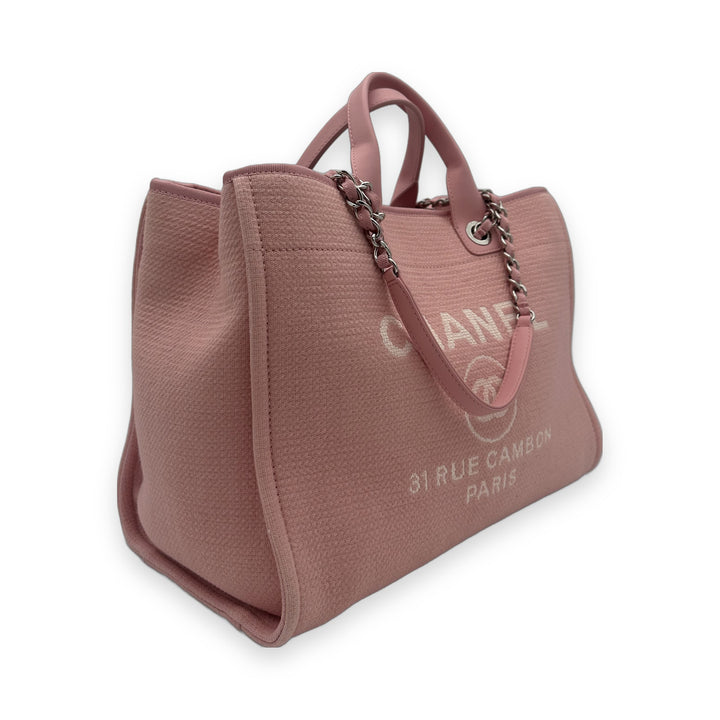Chanel Deauville Tote Bag Medium Canvas Leder Pink mit Pochette, Schrägansicht