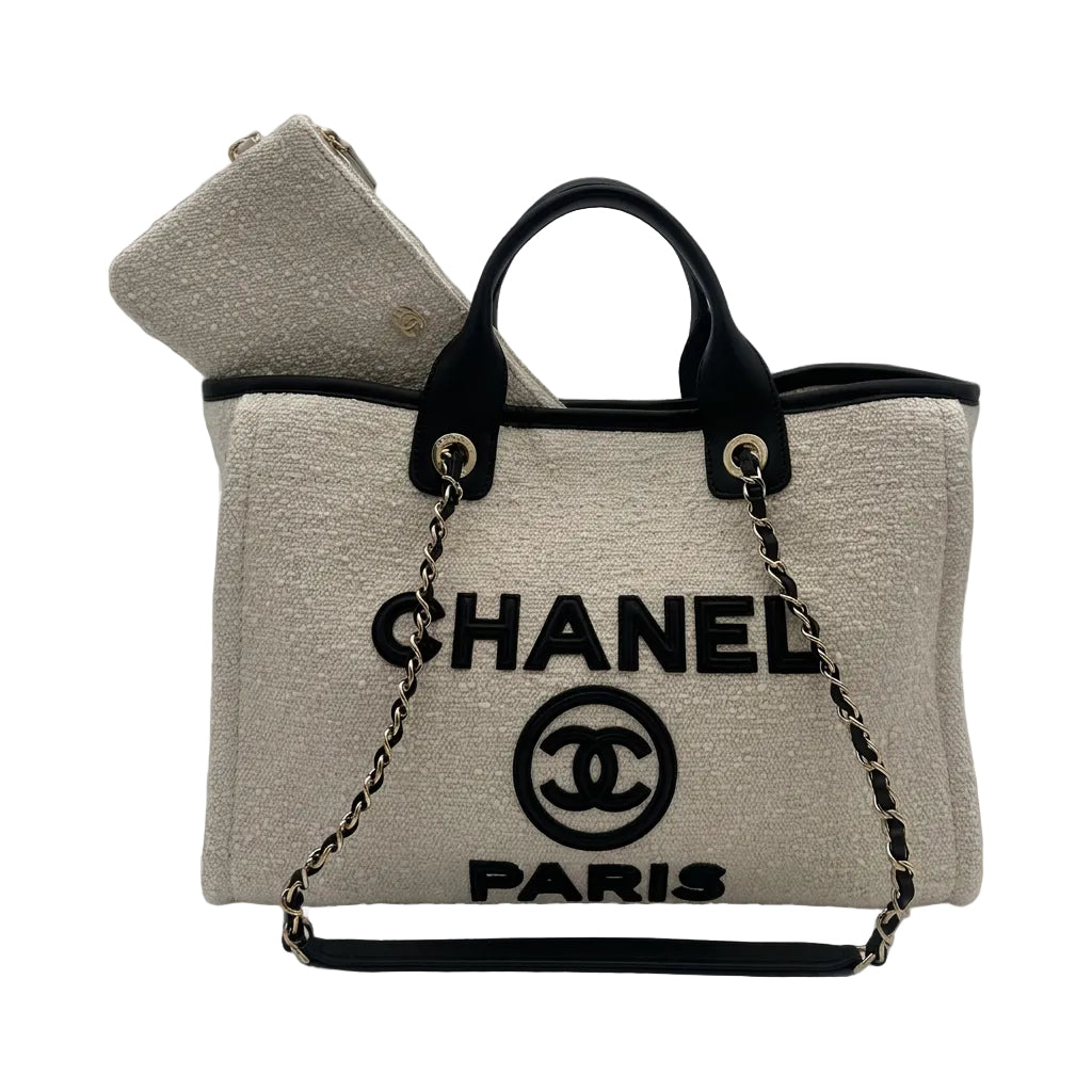 Chanel Deauville Tote Bag Canvas Creme Schwarz mit Pochette, Vorderseite