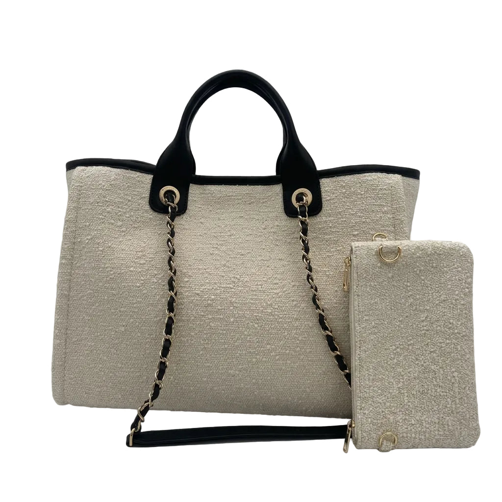 Chanel Deauville Tote Bag Canvas Creme Schwarz mit Pochette, Rückseite