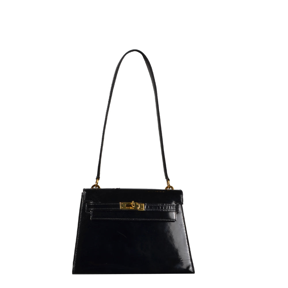 Hermes Kelly 20 Vintage Lackleder Schwarz Hardware Gold