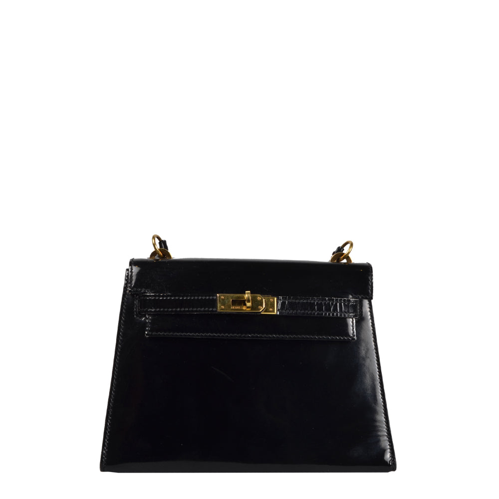 Hermes Kelly 20 Vintage Lackleder Schwarz Hardware Gold