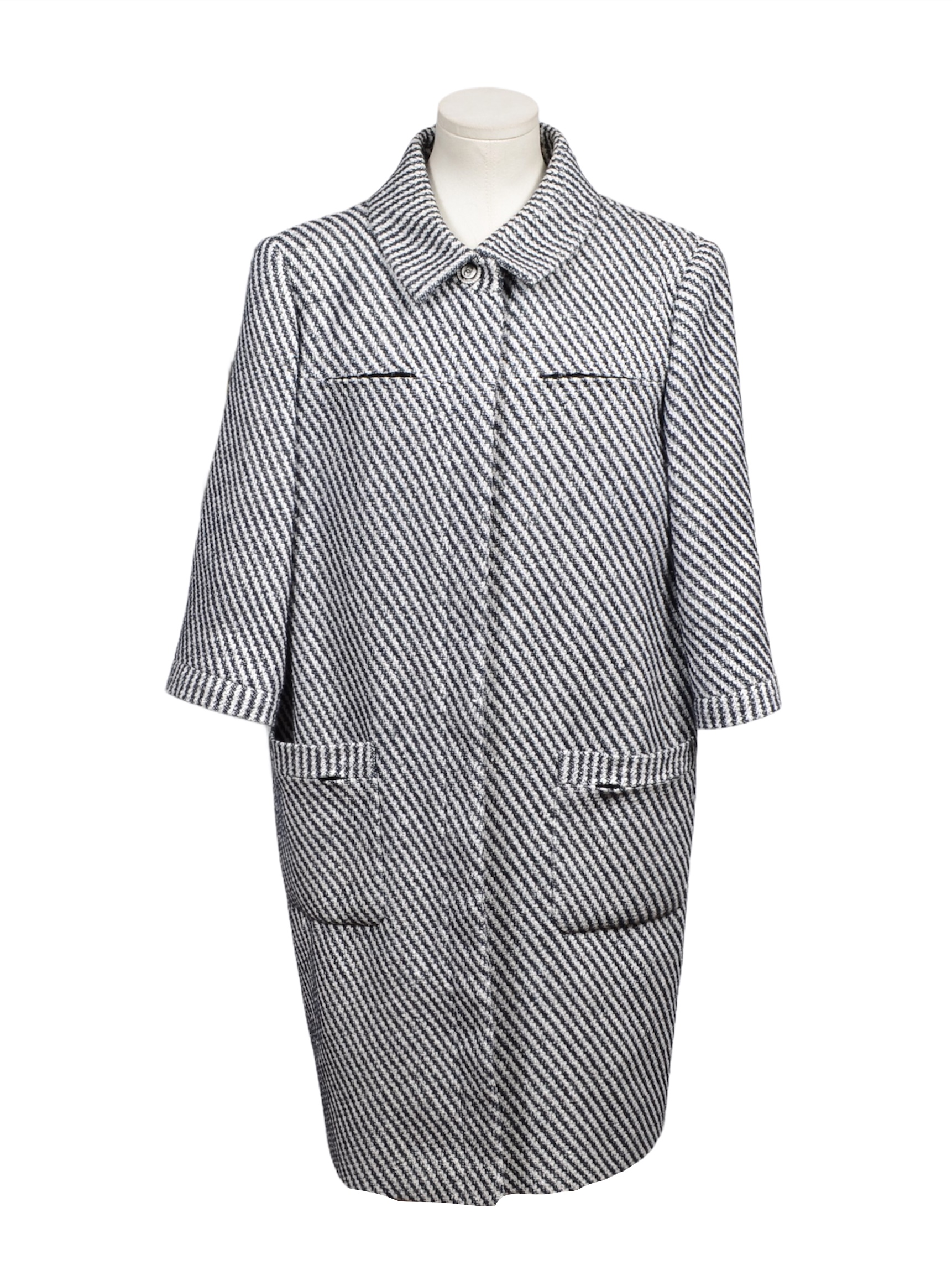 Chanel Coat Mantel White Blue Cotton Nylon Wool Size 48
