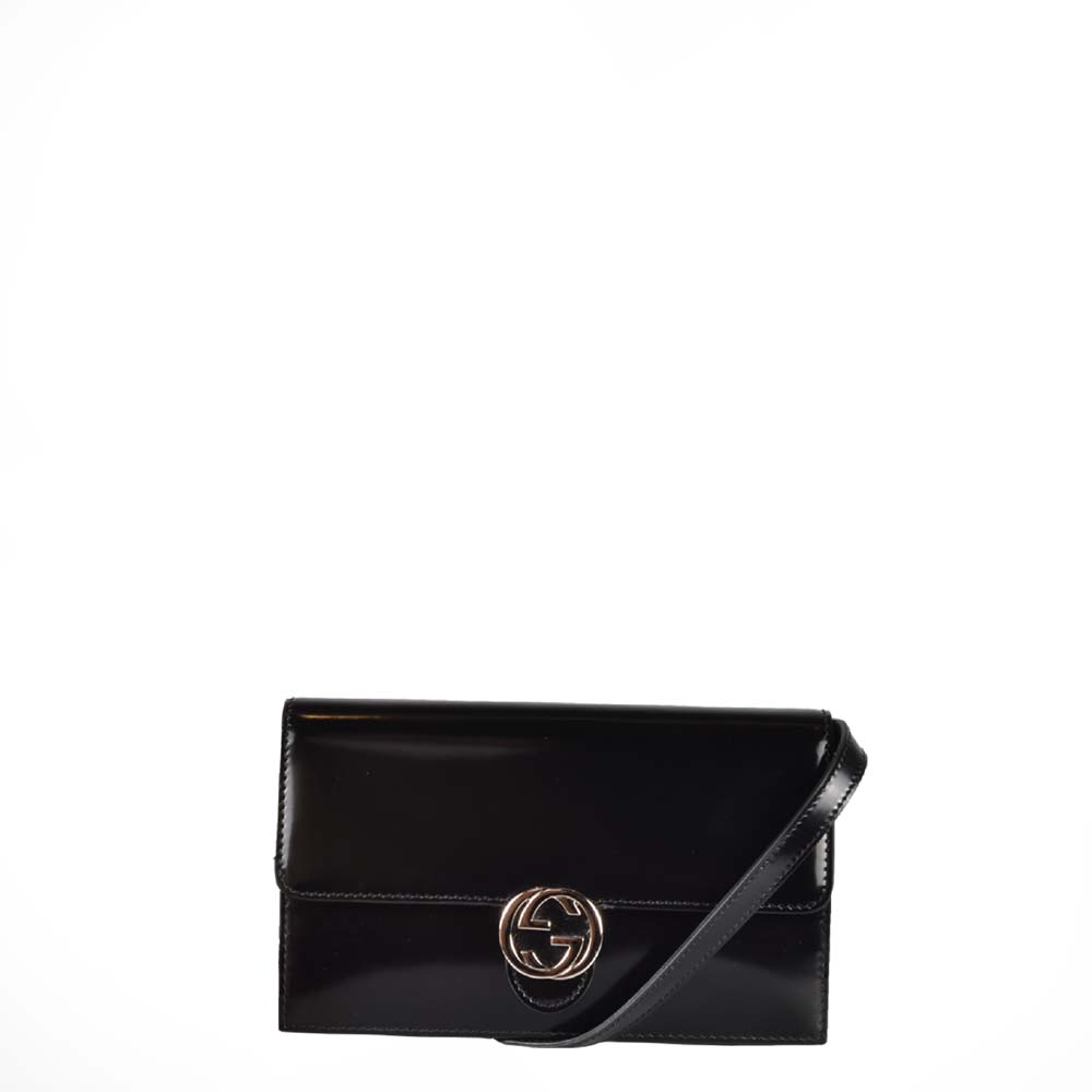 Gucci Pochette schwarz Glattleder GG Logo silber mit Schulterriemen