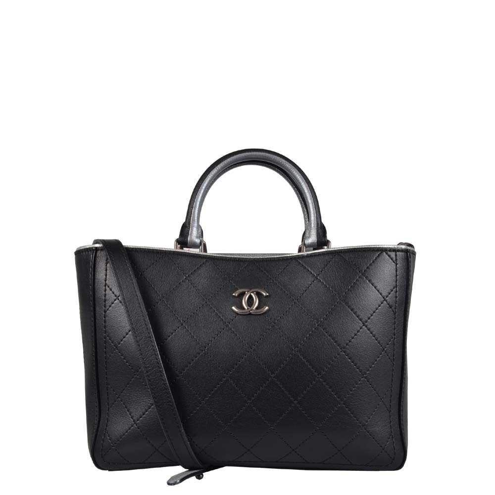 Chanel Bi-Color stitched Shopping Tote Tasche schwarz silber Hänkel