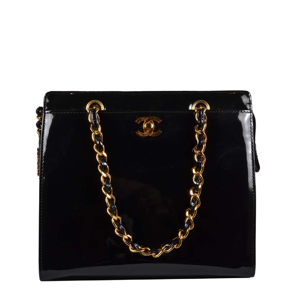 Chanel Vintage Lackleder Tote Bag schwarz HW gold