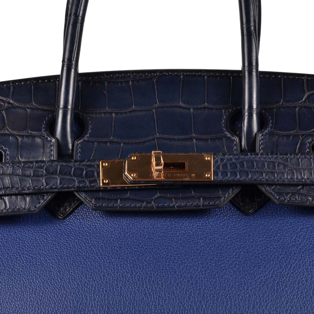 Hermes Birkin Bag 30cm Touch Blue Marine Crocodile Black Leather Palladium  Hardware
