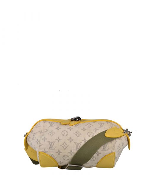 Louis Vuitton Tasche Pouch Denim weiß mit grauem Monogram Lederfassung gelb 700 (21x14x13 cm) Ewa Lagan Secondhand Frankfurt Kopie