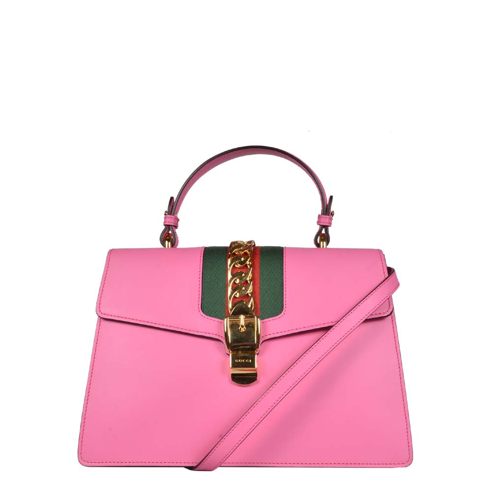 Gucci Tasche Sylvie Pink Leder Mediummit grün und roten Details gold hardware