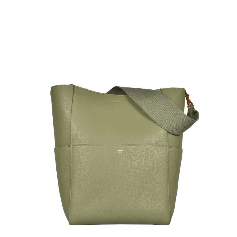 Celine Seau Sangle Bucket Bag Kalbsleder genarbt Khaki Hardware Gold