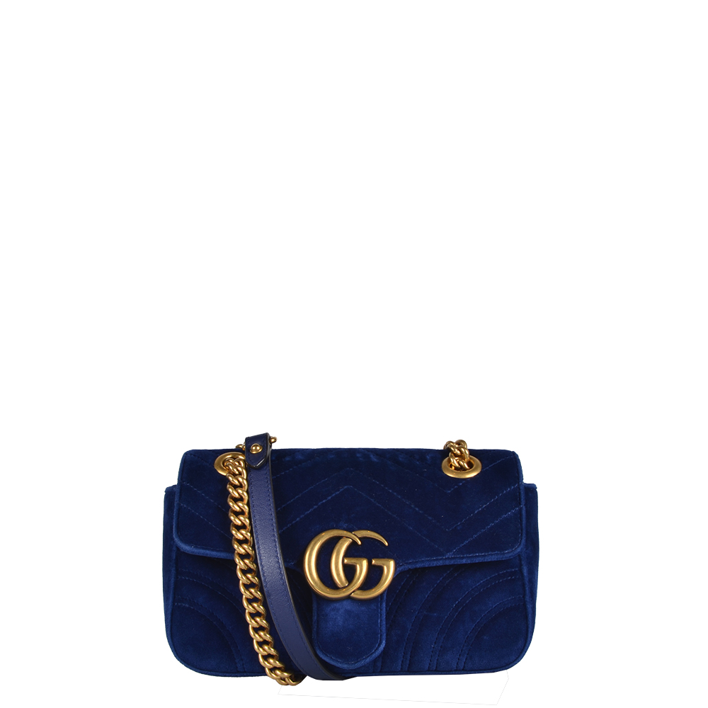 Gucci Marmont Small Samt Blau Hardware Gold