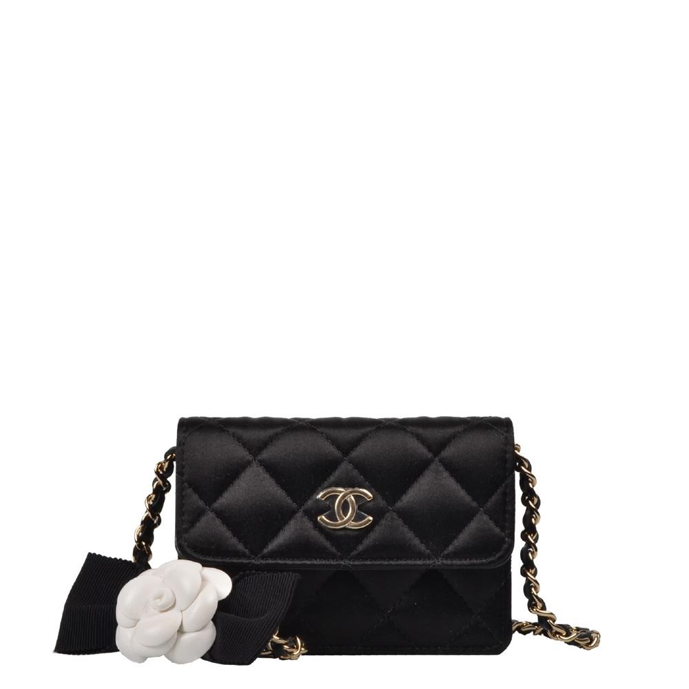 Chanel Mini Camelia Flap With Compliments Satin Schwarz Hardware Gold